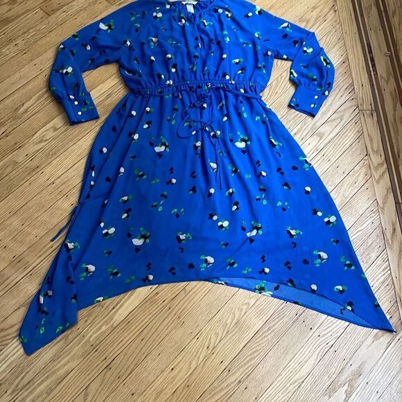 H&M Blue Floral Asymmetrical Midi Dress Size 12 Long Sleeve Drawstring Waist - Picture 1 of 6